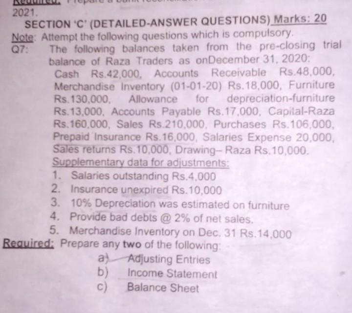  solve this please 2021 SECTION 'C' (DETAILED-ANSWER QUESTIONS) Marks: 20 Note