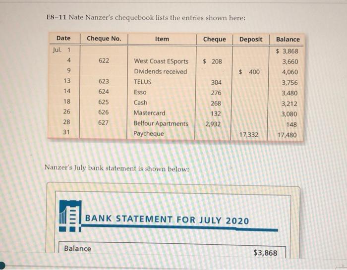 need help for this assignment please E8-11 Nate Nanzer's chequebook lists the