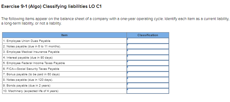  Exercise 9-1 (Algo) Classifying liabilities LO C1 The following Items appear