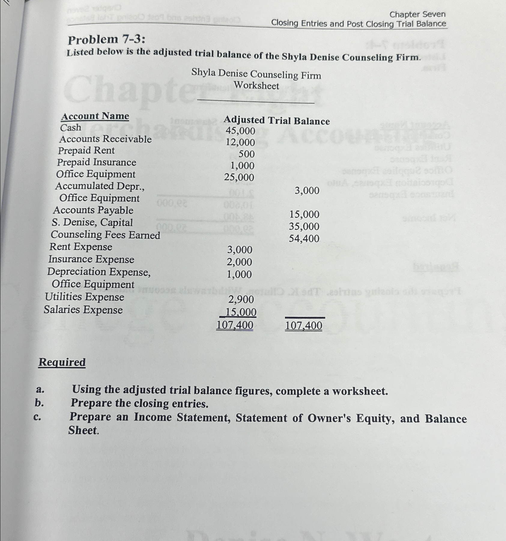 Chapter Seven Closing Entries and Post Closing Trial Balance Problem 7-3: