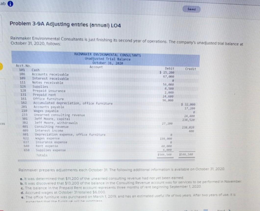  Lab Saved Problem 3-9A Adjusting entries (annual) LO4 Rainmaker Environmental Consultants