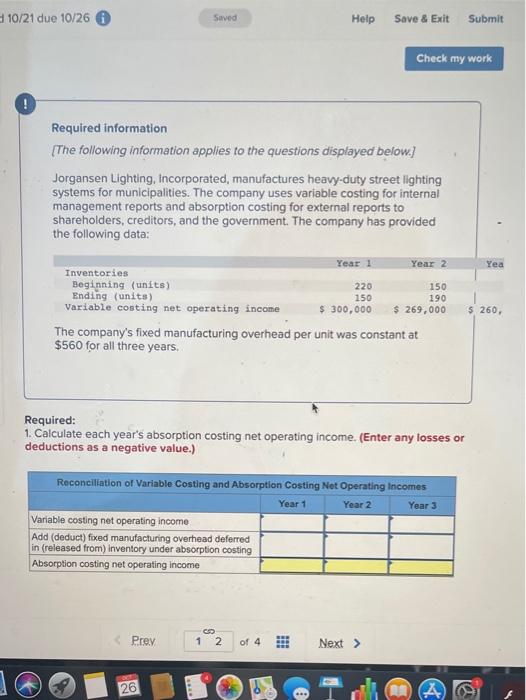  10/21 due 10/26 Saved Help Save & Exit Submit Check my