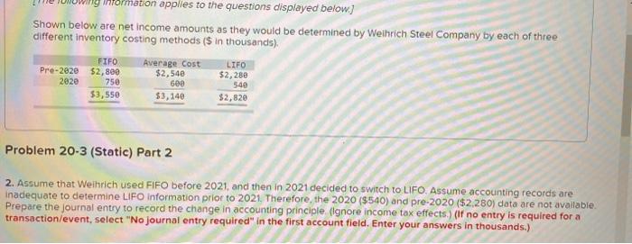 below) Shown below are net income amounts as they would be determined
