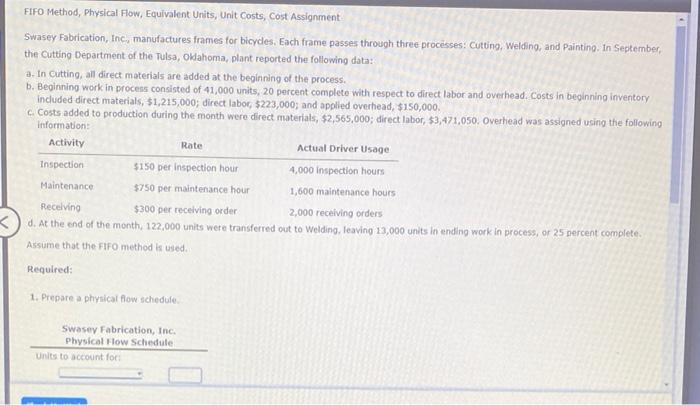  FIFO Method, Physical Flow, Equivalent Units, Unit Costs, Cost Assignment Swasey