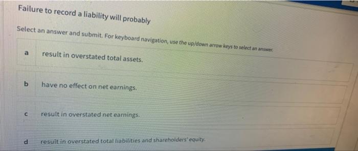  Failure to record a liability will probably Select an answer and