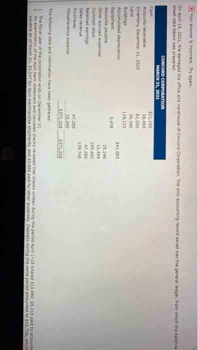  X your answer is incorrect. Try again. On April 15, 2021,