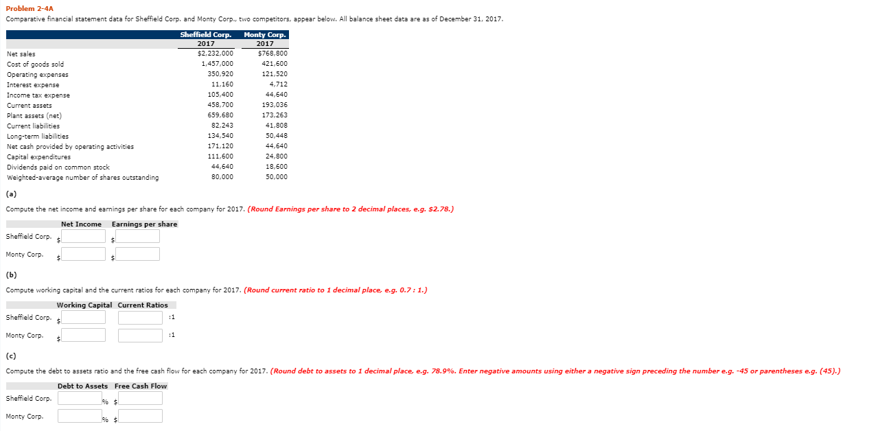  Problem 2-4A Comparative financial statement data for Sheffield Corp. and Monty