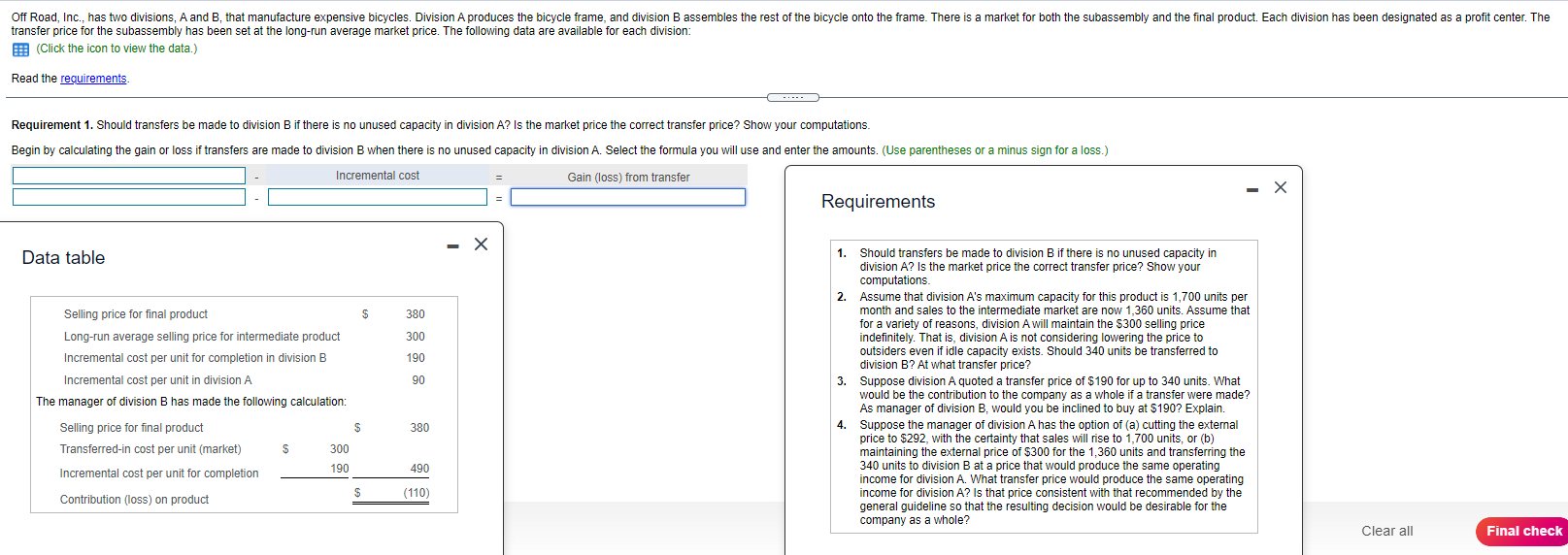 Off Road, Inc., has two divisions, A and B, that manufacture