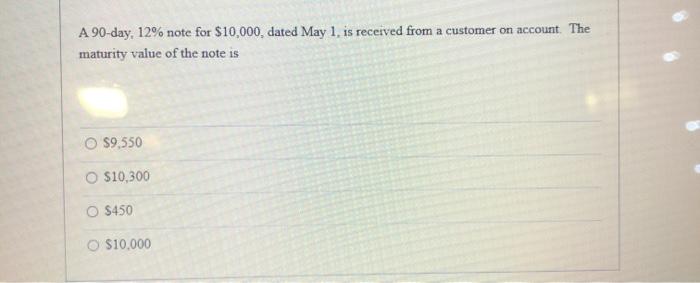  A 90-day, 12% note for $10,000, dated May 1, is received