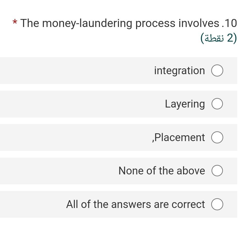 * The money-laundering process involves.10 () (2 ) integration o Layering