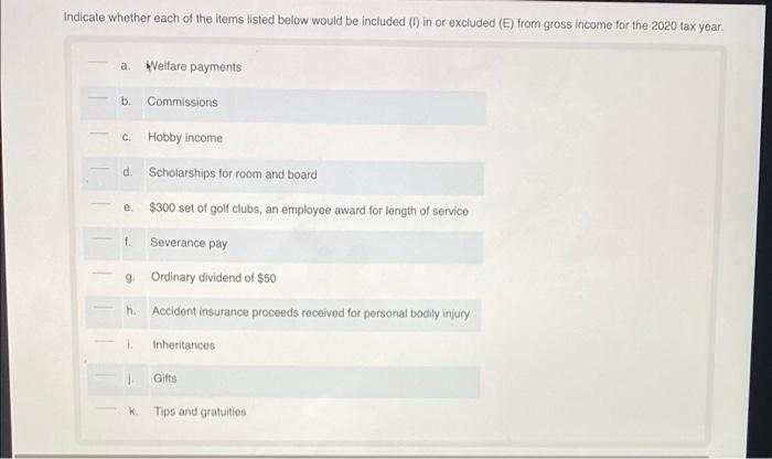  Indicate whether each of the items listed below would be included