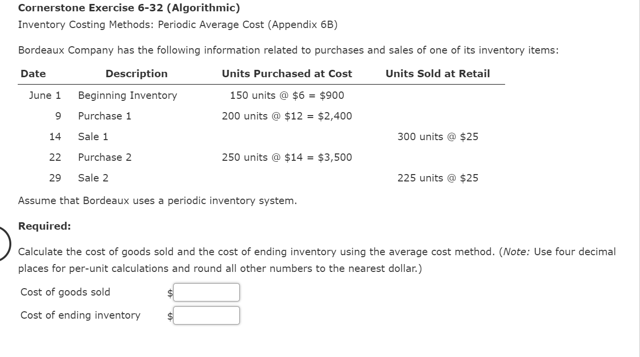 Cornerstone Exercise 6-32 (Algorithmic) Inventory Costing Methods: Periodic Average Cost (Appendix