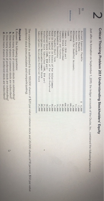  Critical Thinking Problem 20.1 Understanding Stockholders' Equity Just after its formation