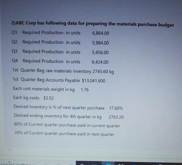  2)ABC Corp has following data for preparing the materials purchase budget