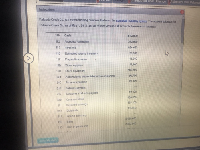 Chart of Accounts Adje Journal Ledger Unadjusted Trial Balance Instructions Palisade Creek