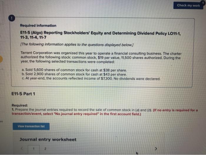  Check my work Required information E11-5 (Algo) Reporting Stockholders' Equity and