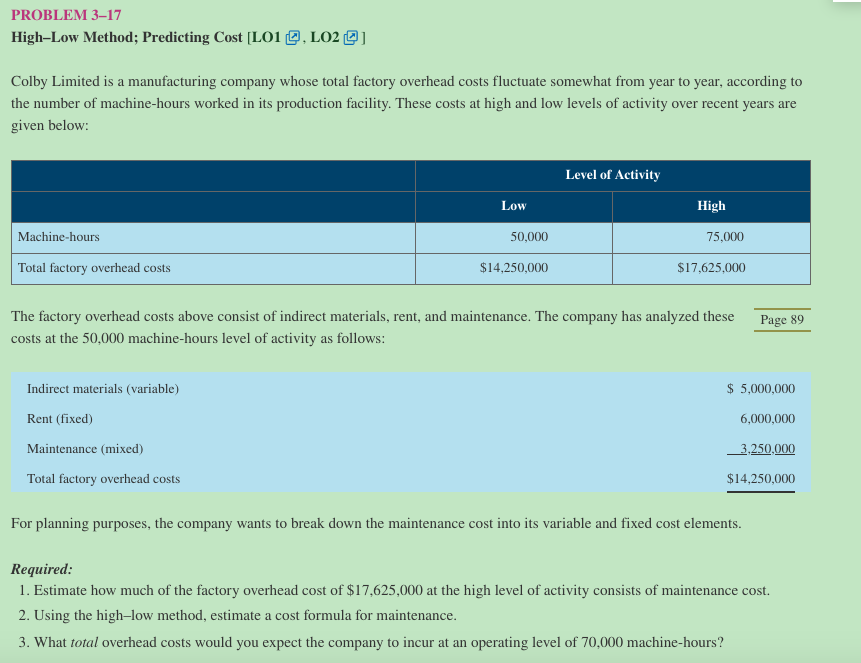  PROBLEM 3-17 High-Low Method; Predicting Cost [L01 Q. L02 01 Colby