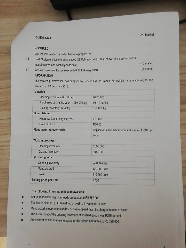  (20 Marks) QUESTION 4 4.1 42 REQUIRED Use the information provided