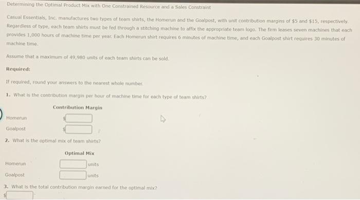 Determining the optimal Product Mix with One Constrained Resource and a
