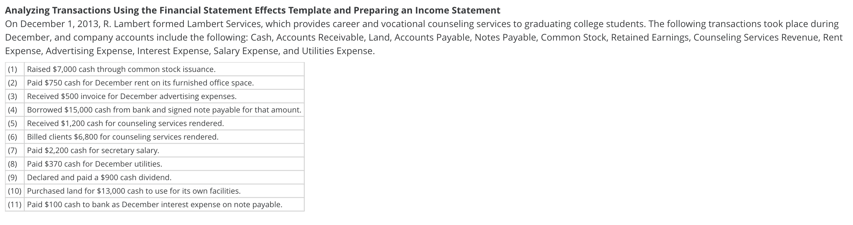  Analyzing Transactions Using the Financial Statement Effects Template and Preparing an
