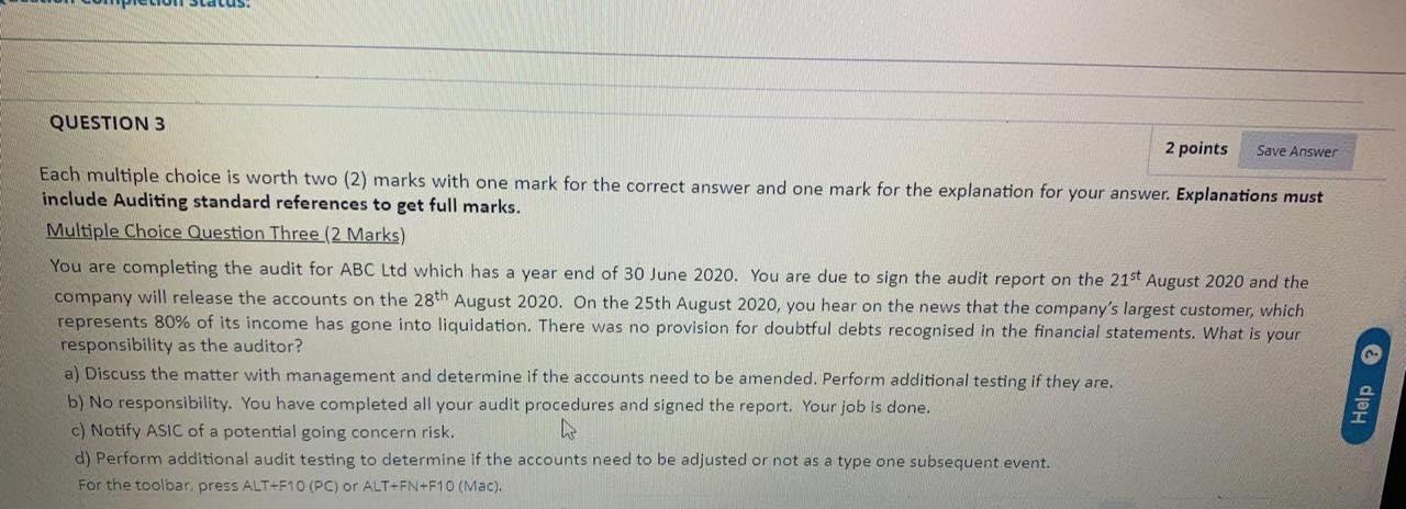  QUESTION 3 2 points Save Answer Each multiple choice is worth