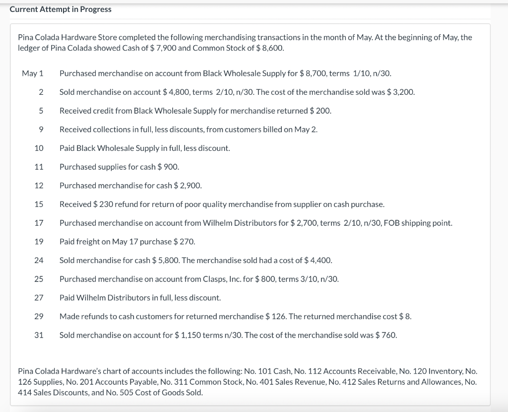 Current Attempt in Progress Pina Colada Hardware Store completed the following