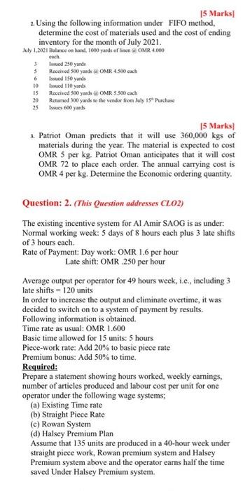  15 Marks! 2. Using the following information under FIFO method, determine