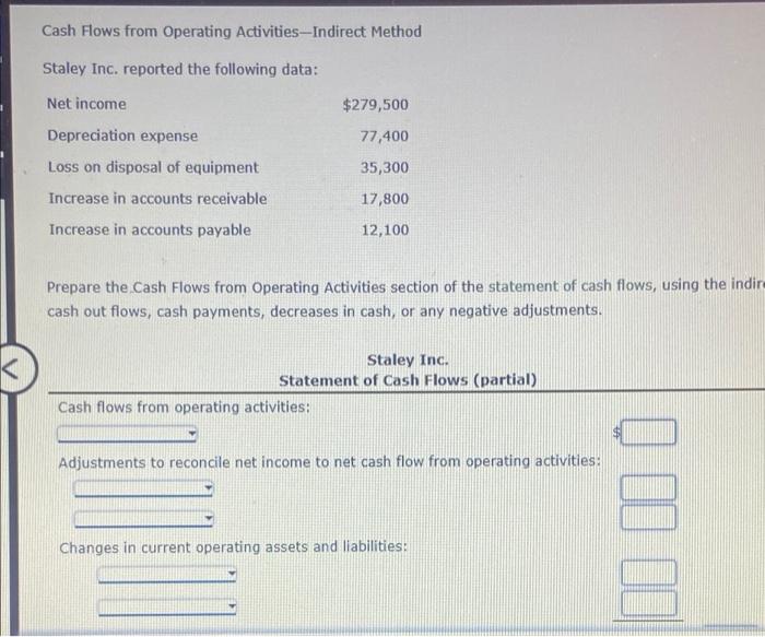  Cash Flows from Operating Activities--Indirect Method Staley Inc. reported the following
