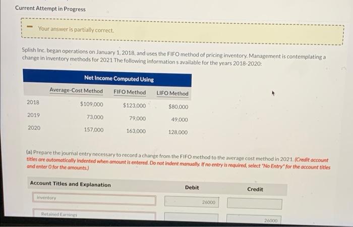 2. Current Attempt in Progress Your answer is partially correct. Splish Inc.