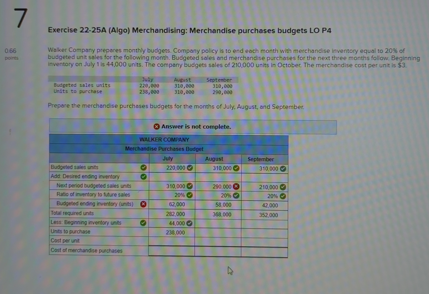  Exercise 22-25A (Algo) Merchandising: Merchandise purchases budgets LO P4 0.66 Walker