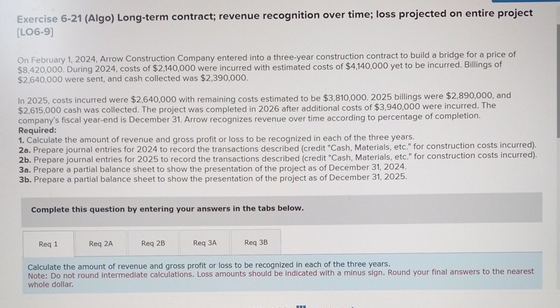  Exercise 6-21(Algo) Long-term contract; revenue recognition over time; loss projected on