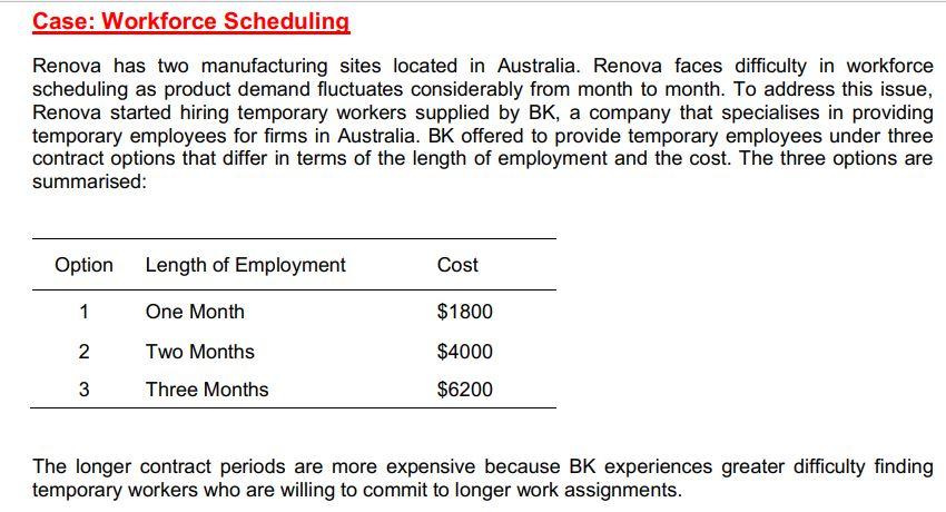 !!ANSWER QUESTION 3 ONLY!! Case: Workforce Scheduling Renova has two manufacturing sites