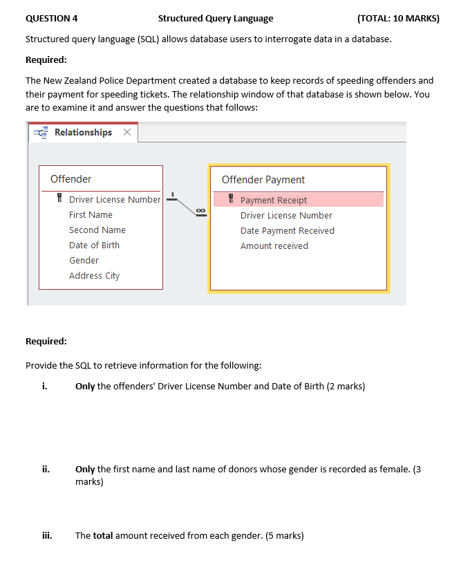  QUESTION 4 Structured Query Language (TOTAL: 10 MARKS) Structured query language