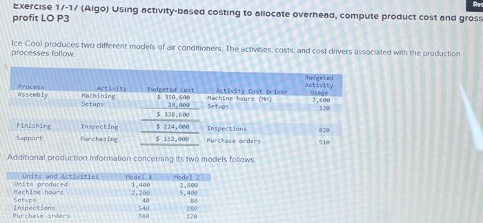  Ret Exercise 1/-1/(Algo) using activity-based costing to allocate overhead, compute product