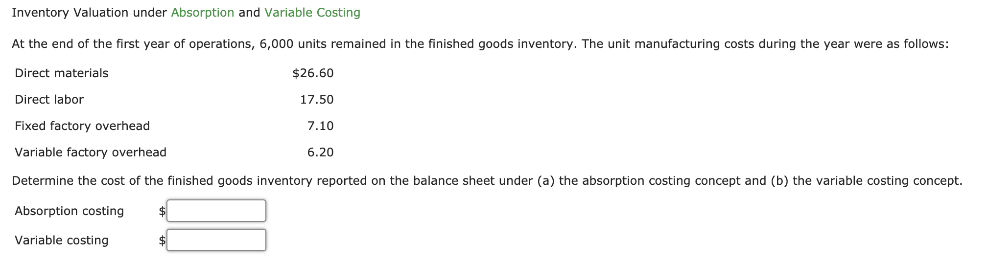 Inventory Valuation under Absorption and Variable Costing At the end of