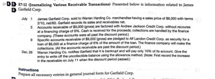  05 E7-12 (Journalizing Various Receivable Transactions) Presented below is information related