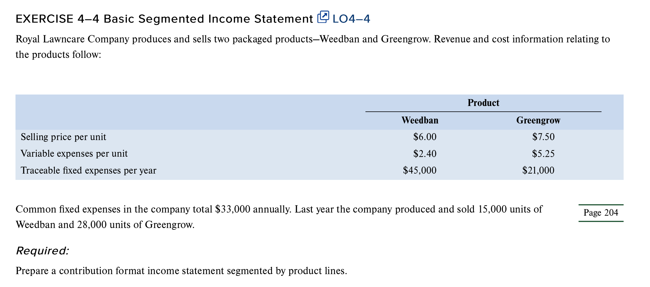 EXERCISE 4-4 Basic Segmented Income Statement QL04-4 Royal Lawncare Company produces