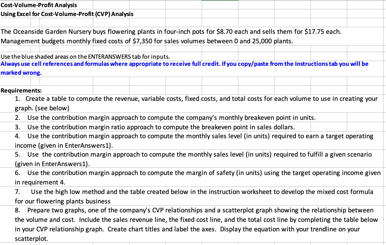  Cost-Volume-Profit Analysis Using Excel for Cost-Volume-Profit (CVP) Analysis The Oceanside Garden