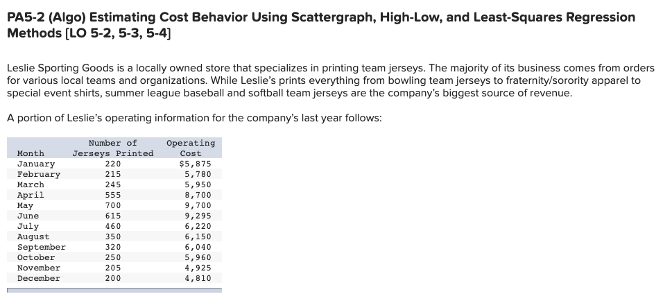 Please answer all questions and show work PA5-2 (Algo) Estimating Cost Behavior