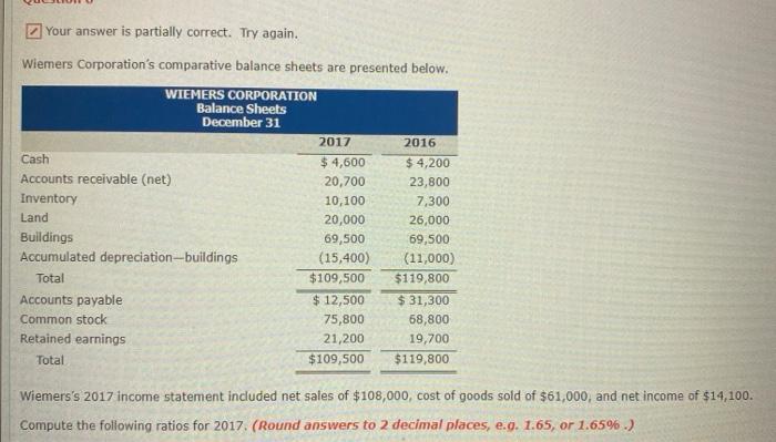  Your answer is partially correct. Try again. Wiemers Corporation's comparative balance
