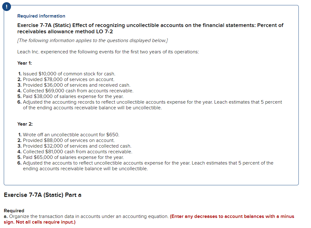 ! Required information Exercise 7-7A (Static) Effect of recognizing uncollectible accounts