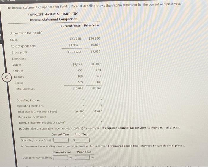 help me please The income statement comparison for Forklift Material Handling shows