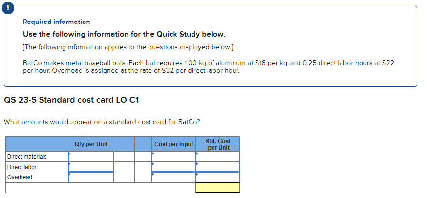  Required information Use the following information for the Quick Study below.
