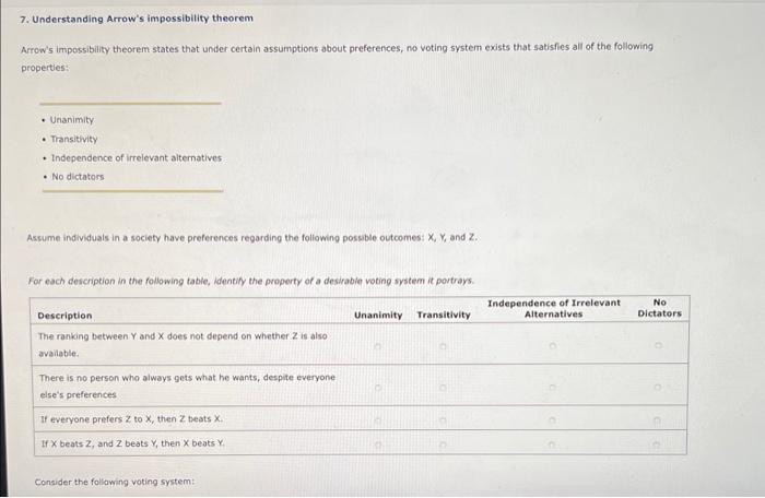  7. Understanding Arrow's impossibility theorem Arrow's impossibility theorem states that under