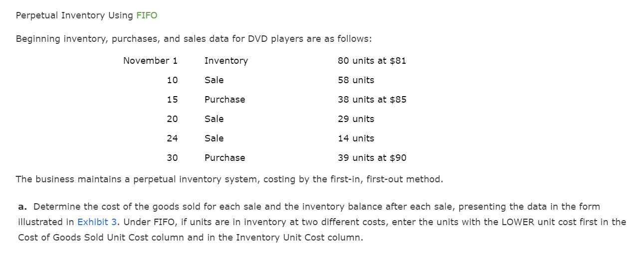 Perpetual Inventory Using FIFO Beginning inventory, purchases, and sales data for