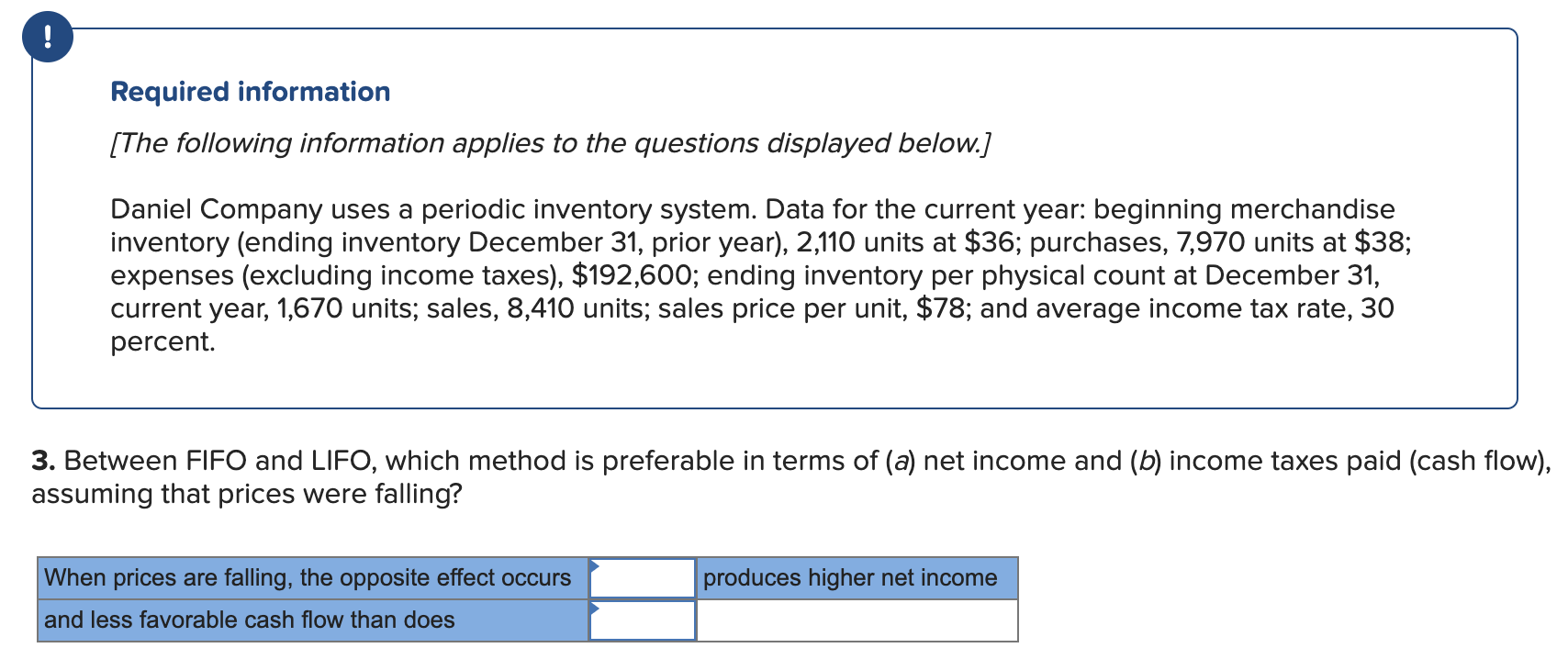 at $36; purchases, 7,970 units at $38; expenses (excluding income taxes), $192,600;