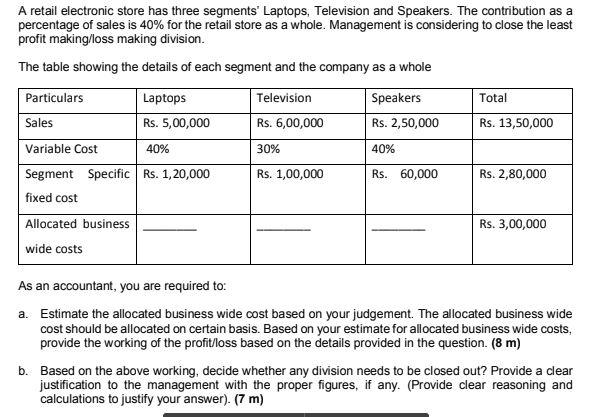 A retail electronic store has three segments' Laptops, Television and Speakers.