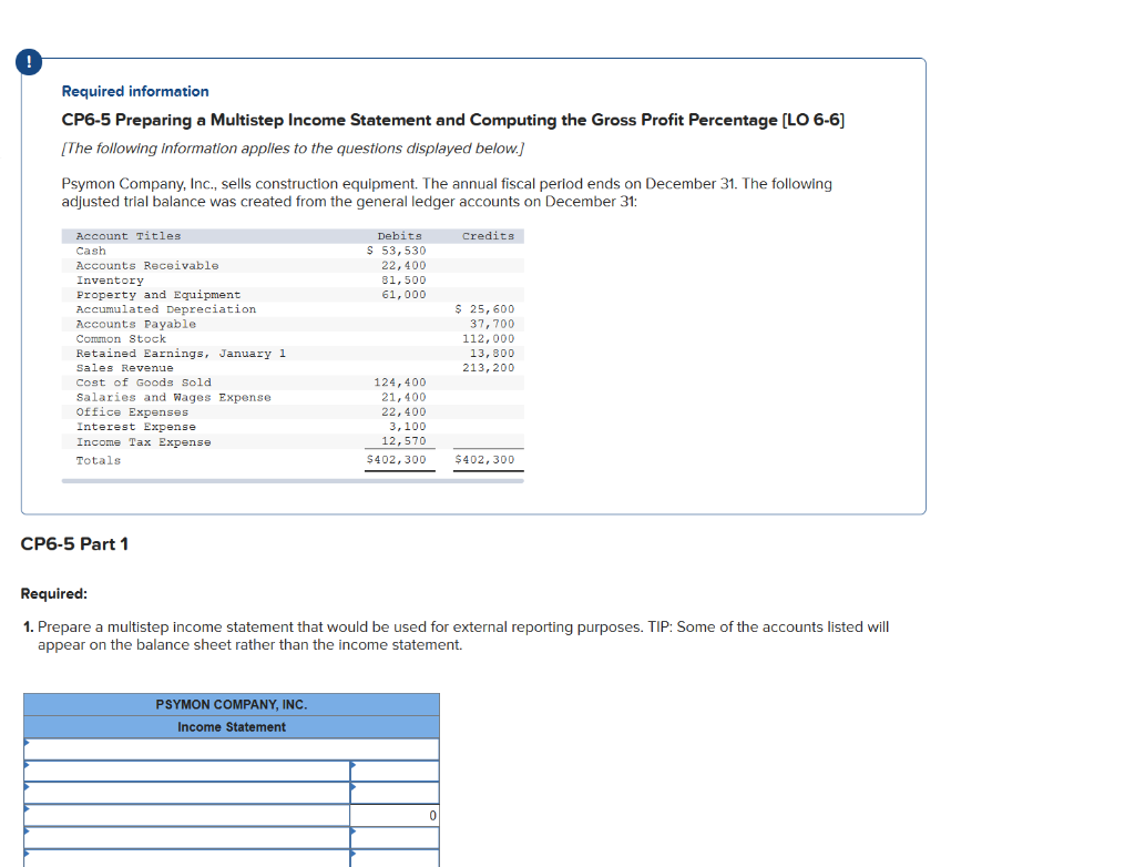 Required information CP6-5 Preparing a Multistep Income Statement and Computing the