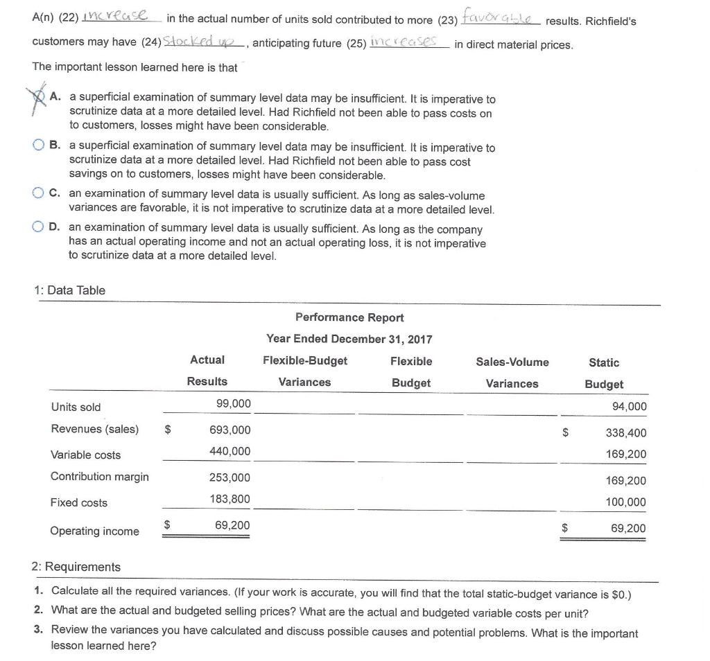 Richfield Company produces engine parts for car manufacturers. A new accountant intern