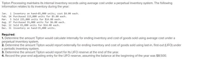 Could you please solve #2 thank you! Tipton Processing maintains its internal